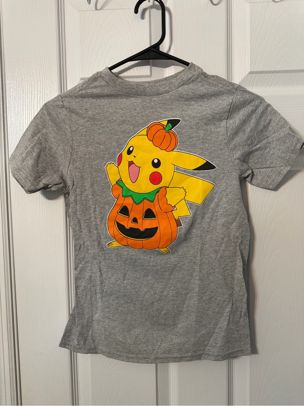 Pokemon Gray Tee with Yellow Pikachu & Orange Pumpkin Graphic